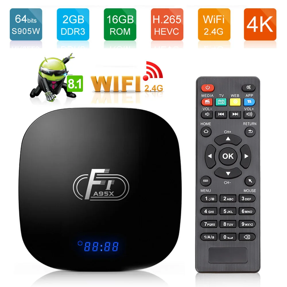  Smart Android 8.1 TV Box 2GB 16GB Amlogic S905W Quad Core Support H.265 4K 30tps 2.4GHz WiFi Media 