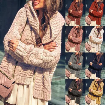 De las mujeres de la moda de manga larga suéter con capucha Casual Top de punto jersey cárdigan de lana chaqueta de punto mujer invierno 2020 E1