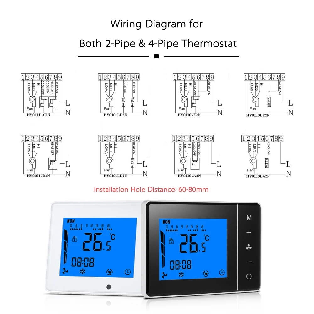 Air Conditioner 2-pipe 4-pipe Thermostat with LCD Display Touch Screen Programmable Room Temperature Controller 2 Color Optional