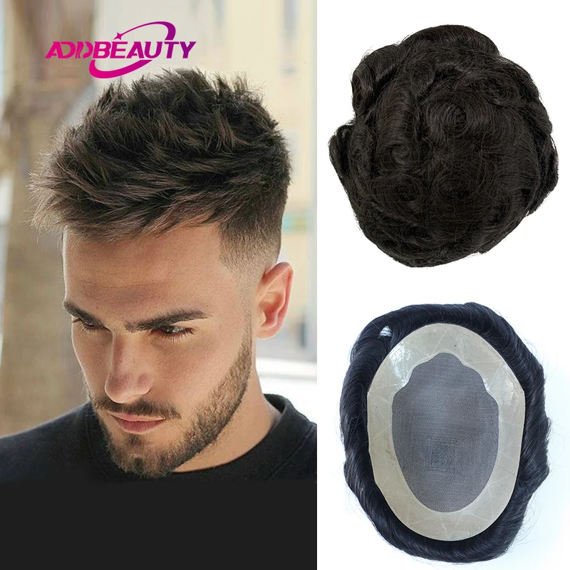 Men Toupees Human Hair Replacement Systems AddBeauty Mono NPU Indian Remy Hair Toupee with Tapes Mens Wave Hair Piece Wig 130%