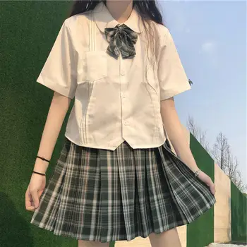 

Kawaii Japanese JK School Uniform Outfit Sweet Bow Collar Short Sleeve Tops Harajuku Waist Mini Party Pleated Ball Plaid Suit