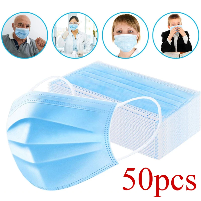 

50pcs Anti-Pollution 3 Layers Mask Dust Protection Face Masks Disposable Dust Filter Safety Mask Proof Flu Earloop Face Masks