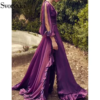 

Svoryxiu Women's Autumn Runway Sexy Party Purple Long Dresses Women's Hollow Out Long Sleeve V-Neck Ruffles Vintage Dress