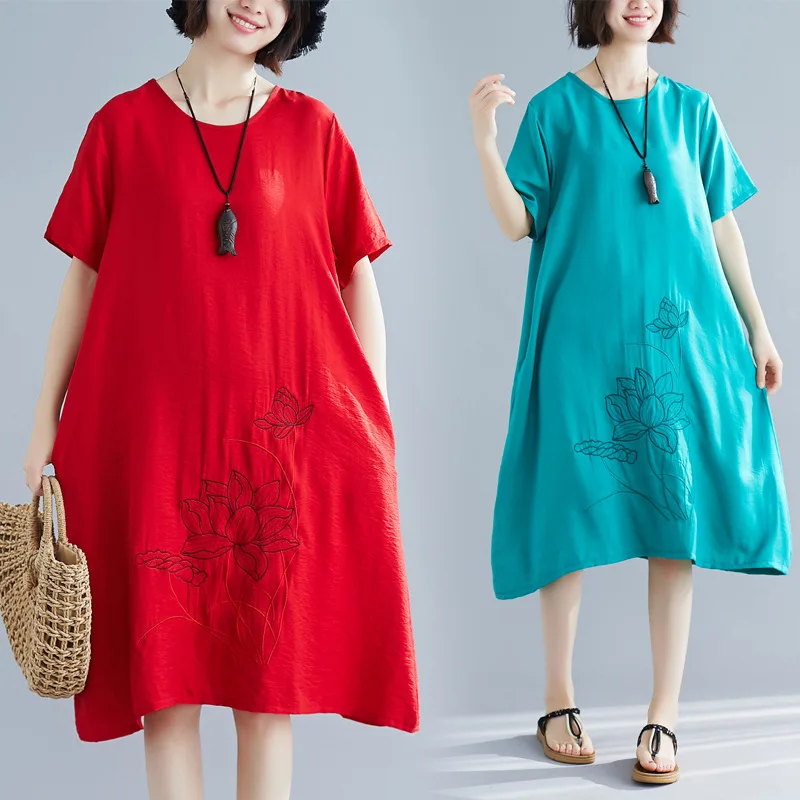 

Photo Shoot 2019 Summer New Style Fashion Loose And Plus-sized Cotton Linen Solid Color Embroidered Mid-length Dress