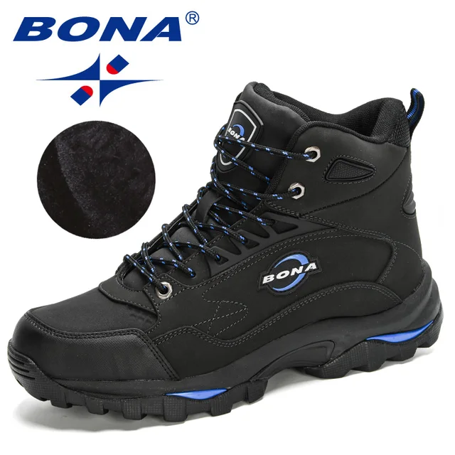 BONA 2020 New Arrival Ankle Boots Nubuck Leather Tactical Shoes Men Plush Anti-Skidding Classical Walking Footwear Masculino Charcoal grey R blue