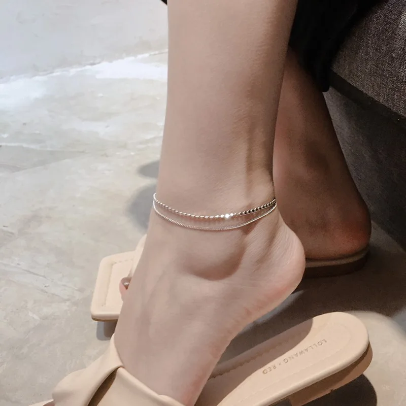 

LISM 925 Sterling Silver 2020 Trendy Jewelry Double-layer Disc Anklet Women Simple Temperament Sexy Ankle Chain Birthday Gifts