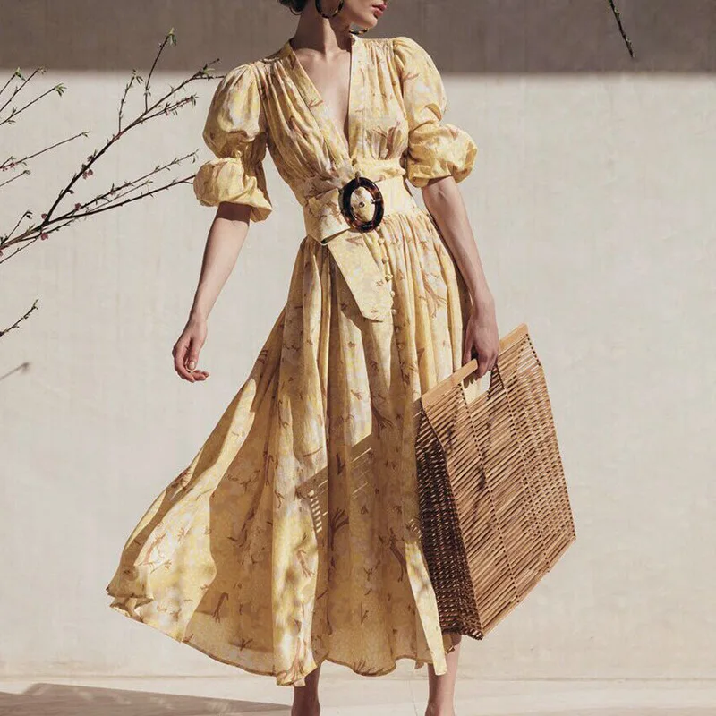 

Luxury Designer Brand Dress for Women Vintage V Neck Puff Sleeve Yellow Printed Wide Waistband Long Dress