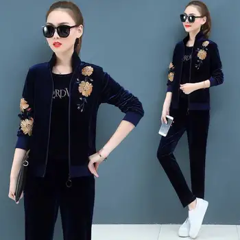 

Women Tracksuits 3 Piece Set Velet Zip Crop Top Pants Jacket Embroidery Female Loose Jacket Coat Trousers Plus Size