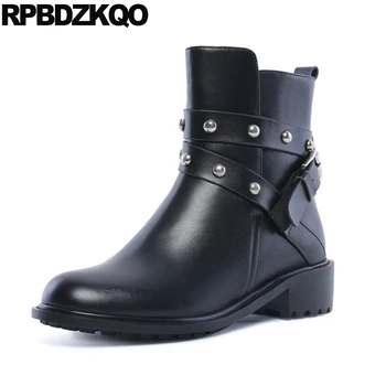 

military british women ankle boots 2019 round toe motorcycle combat fur studded black metal stud shoes belts chunky rivet biker