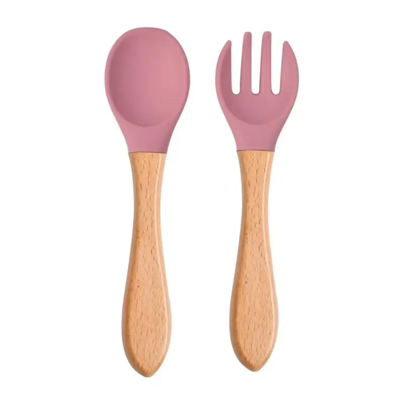 baby butt lift brush 2Pcs Silicone Tips Baby Feeding Training Spoon and Fork Set with Wooden Handle Toddlers Infant Eat Independent Accessory baby butt lift brush Feeding