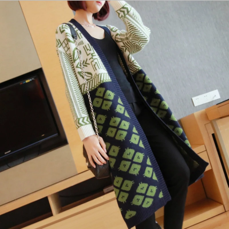 

2020 New Year Christmas Sweater Cardigan Women Open Stitch Thick Warm Long Print Harajuku Sweaters Coat Ladies Knitted Fall Coat