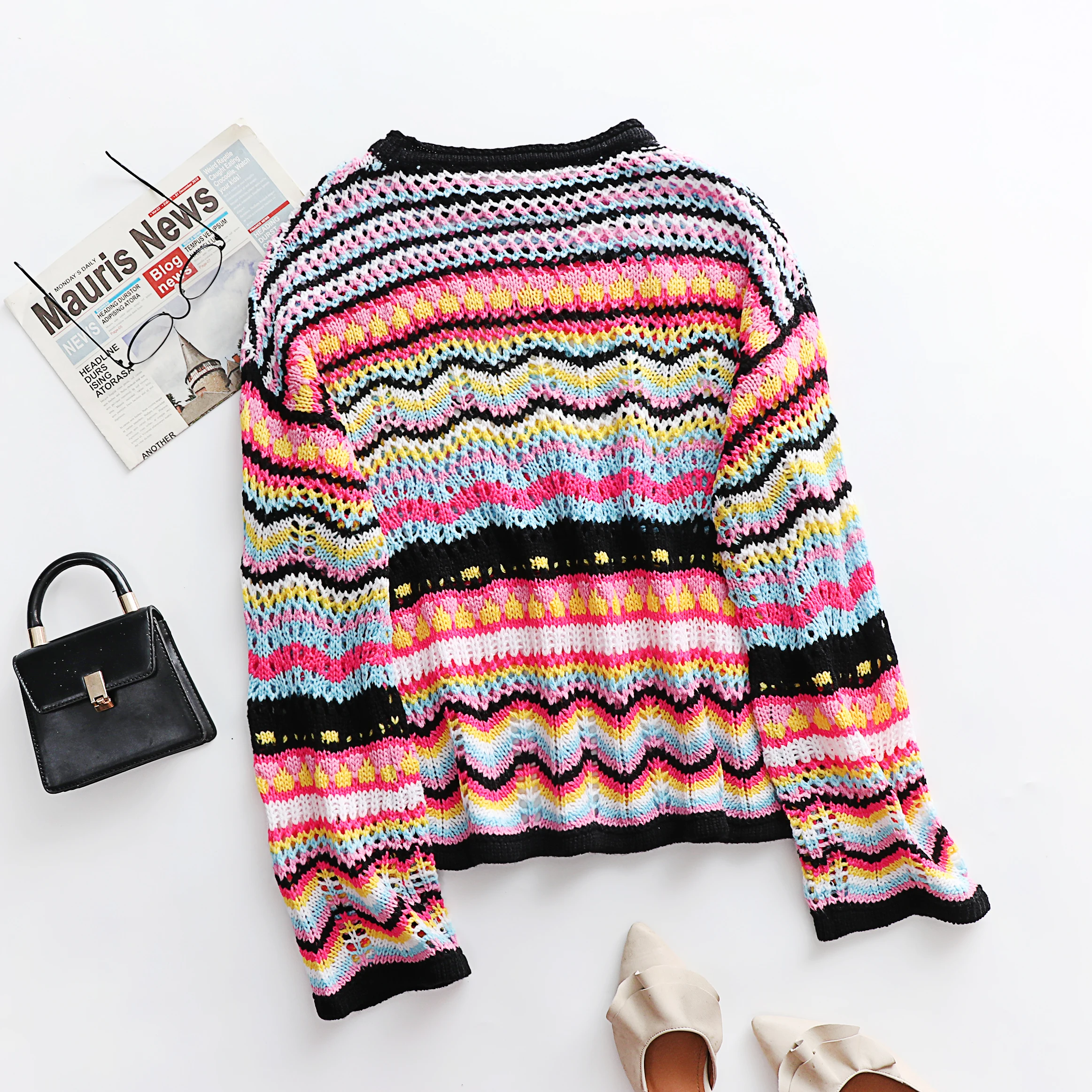 black sweater Rainbow Sweater Autumn Winter Women Casual Round Neck Long Sleeve Loose Pullovers Lady Fashion Patchwork Knitted Striped Sweater long cardigan