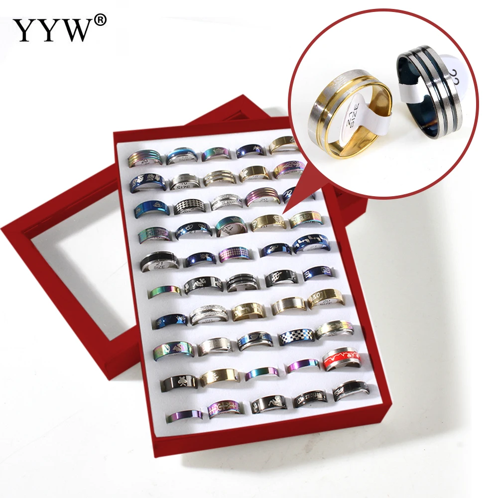 

Wholesale 50PCs/Box Stainless Steel Finger Ring Plated With Letter Pattern Mixed Style Women Men Fashion Jewelry Supplies