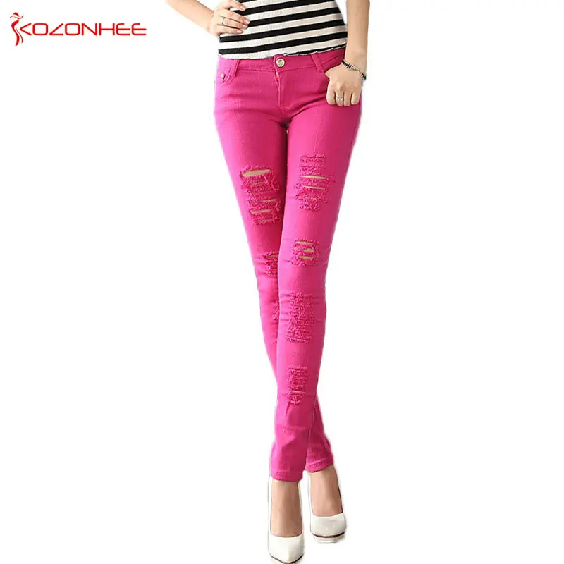 Color Stretching Ripped Jeans Women 