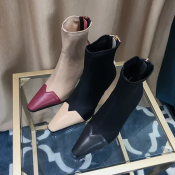 

Thin heel small square short boots women's stitching elastic thin boots small heel wild single boots new autumn and winter 2020