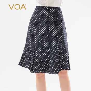 

VOA silk black fun triangle print mid waist bag hip ruffle stitching hem simple skirt fishtail skirt CD081