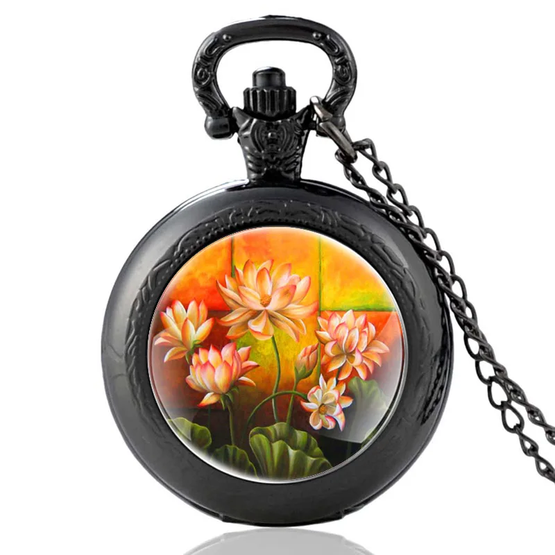 

Classic Buddhist Sacred Flower Design Black Vintage Quartz Pocket Watch Men Women Unique Pendant Necklace Hours Clock Gifts