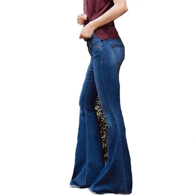 Зимние винтажные расклешенные джинсы с высокой талией для женщин, черные расклешенные джинсовые обтягивающие джинсы для женщин, большие размеры, женские широкие брюки - Цвет: Navy blue