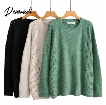 

Demandi women's knitting sweater autumn and winter women's new Slouchy solid color hollow long sleeve women's sweater