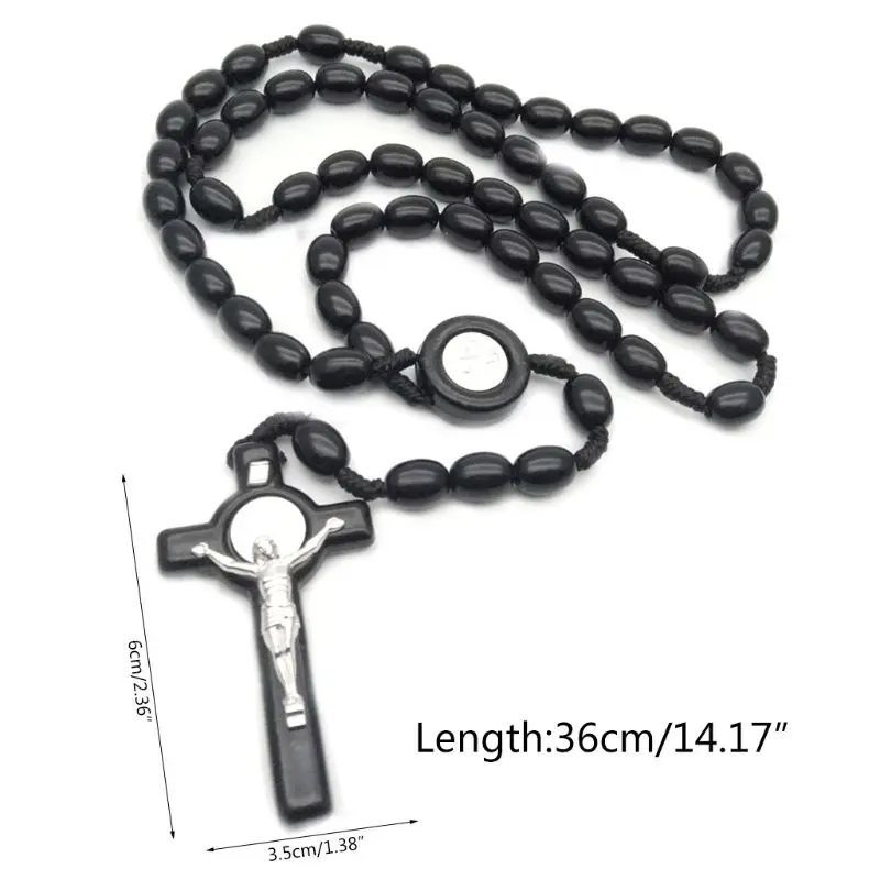 Jesus Wooden Beads 8mm Rosary Bead Cross Pendant Necklace Woven Rope Chain Jewelry Accessories E65B