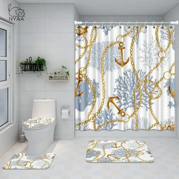 

NYAA Coral Bathroom Set Floral Coral Red Pink Blue Teal Grey Master Waterproof Shower Curtain Toilet Cover Mat Non Slip Rug