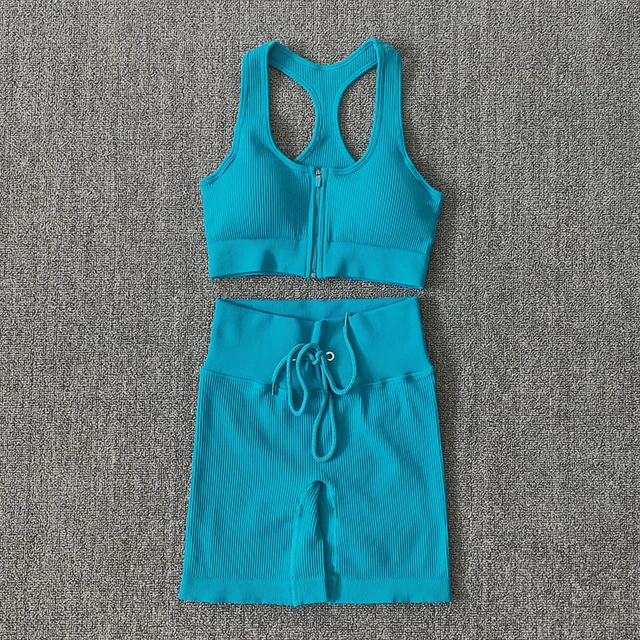 Seamless Women Yoga Set Workout Sportswear Gym Clothing Zipper Long Sleeve High Waist Leggings Fitness Bra Athletic Sports Suits LightBlue