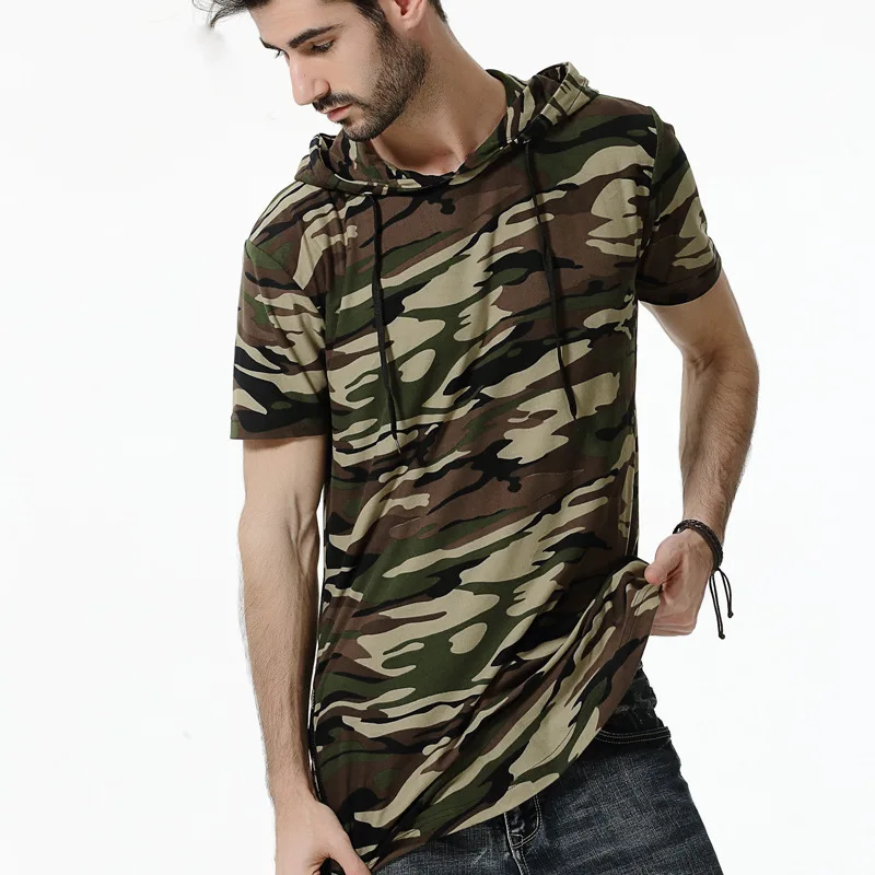 

Summer New Style Men's Large Size Hooded Camouflage Short Sleeve T-shirt Men Mid-length Loose Base Shirt Europe And America T-sh