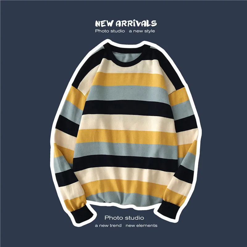 navy blue Осенний полосатый свитер мужской теплый тонкий модный контрастный Повседневный вязаный свитер, одежда мужской пуловер с длинными рукавами men - Цвет: navy blue