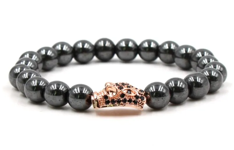 8mm xg45t silver gold copper Leopard head micro pave cz zircon cubic zirconia Bracelet hematite bead Buddha Yoga Bangles | Украшения и