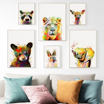 

Wall Art Canvas Painting Lion Bear Elephant Colorful Ink Animals Nordic Posters And Prints Wall Pictures For Living Room Decor