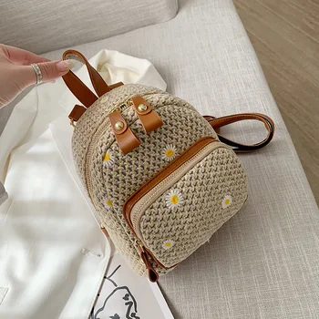 

Casual Straw Women Backpacks Wicker Woven Travel Bag Summer Beach Rattan Purses Mini Bohemian straw Backpack Female Sac 2020