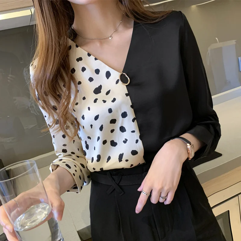 Women's Shirts Button Up V-neck Chiffon Blouses Long Sleeve Asymmetrical Print Ladies Vintage Tops Basic Autumn Woman Clothing | Женская
