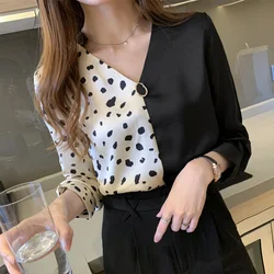 Camisa feminina chiffon gola v, blusa feminina manga comprida assimétrica estampa vintage tops básico outono