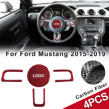 

4Pcs Car Red Carbon Fiber Steering Wheel Panel Sticker Trim Car Carbon Fiber Panel Trim For Ford For Mustang 2015-2019