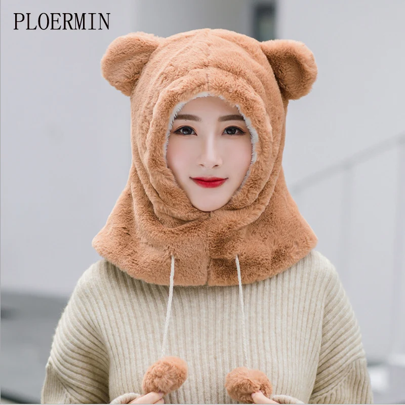 

PLOERMIN 2019 New Lovely Cartoon Ear Skullies Beanies Rabbit Fur Knitted Hats Winter Thick Warm Soft Solid Caps Snow Women Hat