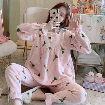 

Flannel Pajamas Set Women Plush Warm Sexy Autumn Winter Thick Pyjamas Flannel Home Spring Cartoon Student Sleepwear 2Piece/Set