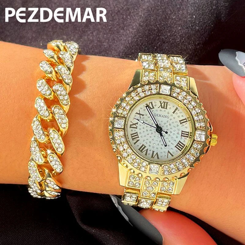 Luxury Women Iced Out Watches Gold Silver Color Cuban Chain Bracelet Watches Full Rhinestone Wrist Watch Men Fashion Jewelry