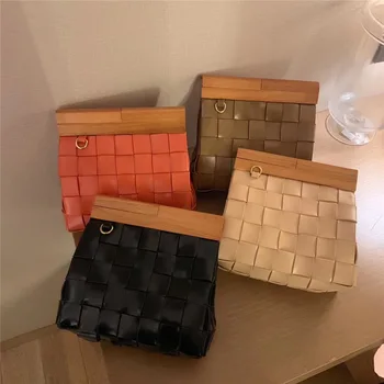 

Square Wood Stitching Woven Handbag Lady Retro Purses Clutch Bag PU Leather Personality Clip Woven Bag