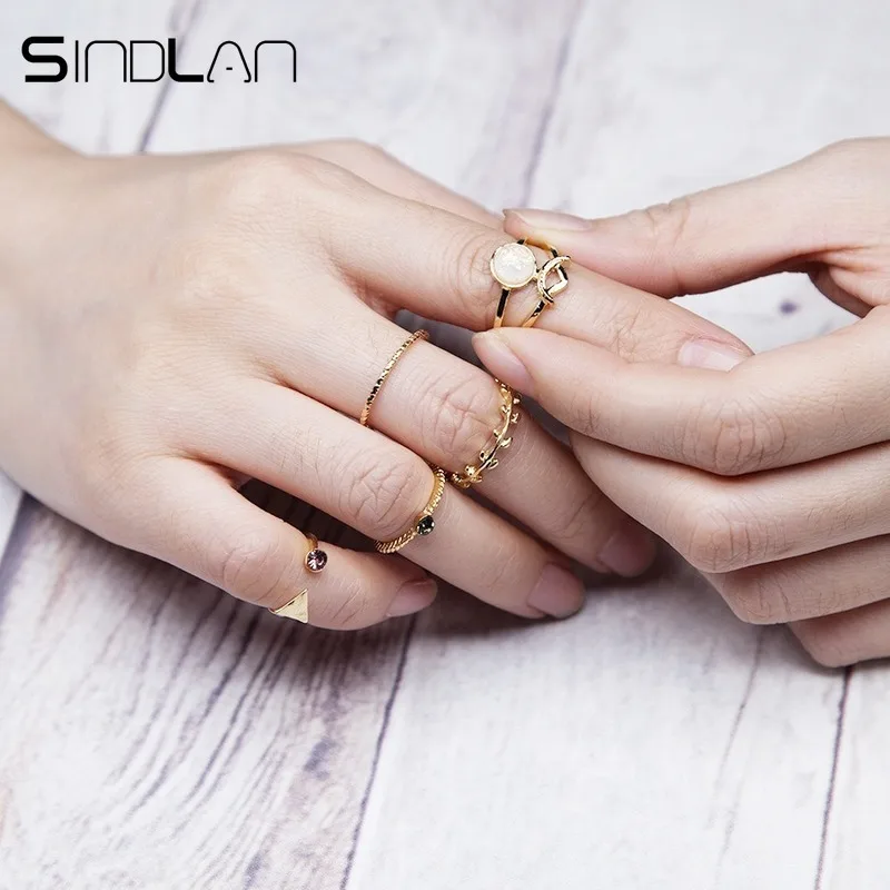 

Sindlan 5PCs Simple Chic Rhinestone Rings for Women Triangle Flower Charm Gold Boho Rings Set Girls Fashion Finger Jewelry