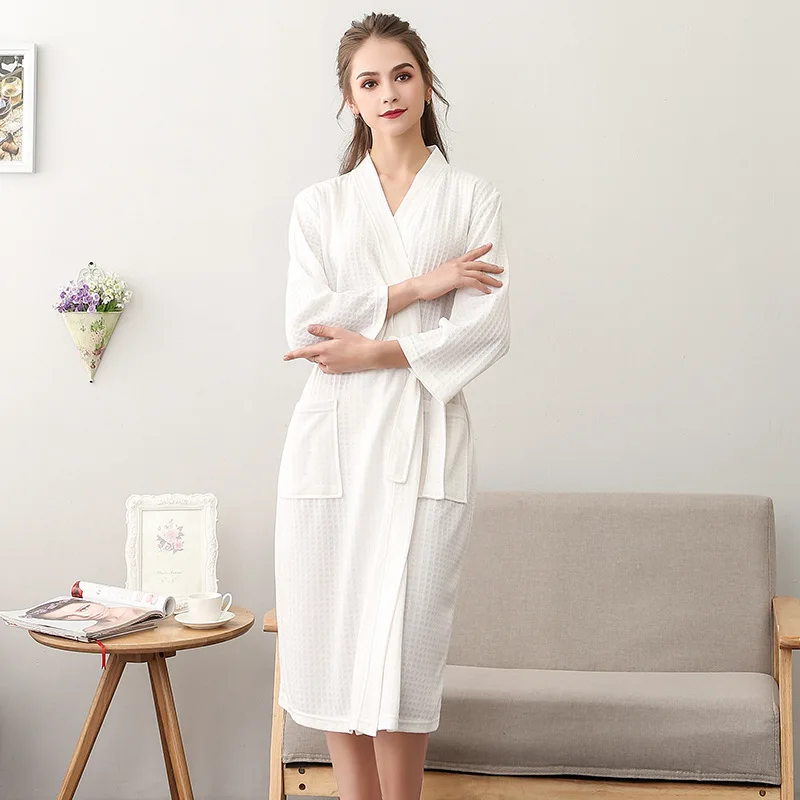 Spring and Summer Couple Nightgown One Piece Solid Color Waffle Cardigan Three-Quarter Sleeve Robe mens silk pajamas Men's Sleep & Lounge