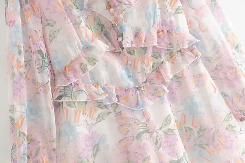 Boho Chic, женские винтажные боди, тюльпан, цветочный принт, один Боттон, v-образный вырез, оборки, длинный рукав, шифон, комбинезоны, богемный комбинезон