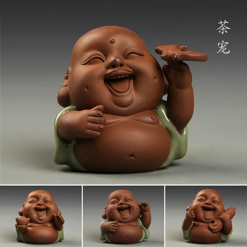 Chinese Buddha happy monk yixing zisha tea pet ornament handmade desk decoration 