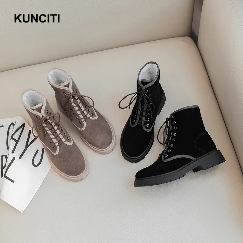 KUNCITI/теплая обувь на шнуровке; женские замшевые ботильоны; плюшевые теплые зимние ботинки; ботинки в байкерском стиле; женские ботинки; D9292