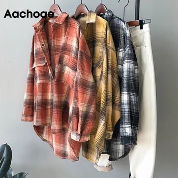 Aachoae-camisa holgada de manga larga a cuadros para Mujer, blusa informal con cuello vuelto, Ropa de Trabajo para el hogar