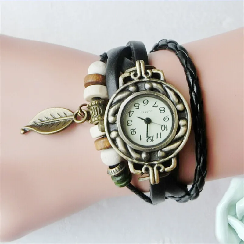 Fashion Women's Watch Women Children Retro Leather Winding Bracelet Leaf Pendant Watch Vintage Bracelet Relogio Feminino