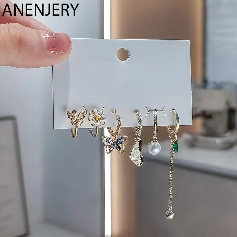ANENJERY 6 шт./компл. серебро 925 пробы циркон бабочка цветок кисточкой набор
