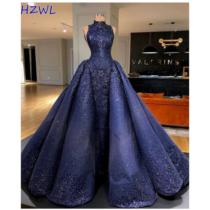 

Navy Blue High Neck Evening Gowns 2021 Spring Summer A Line Sleeveless Prom Dresses Dubai Arabic Robe De Soiree Formal Party
