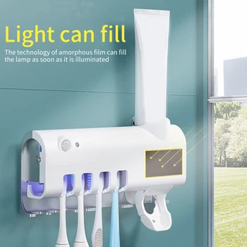 

Cleaning Adhesive Bathroom Auto Sensing Toothbrush Holder Toothpaste Dispenser UV Light Wall Mounted Storage Shelf Solar Powered