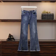 Большие размеры XL-5XL Новая Женская весенне-осенняя Раздвоенная вспышка джинсовые брюки женские потертые джинсы со средней талией брюки L3845