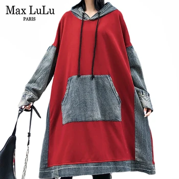 

Max LuLu 2019 Autumn Fashion Korean Ladies Punk Clothes Womens Denim Long Hooded Hoodies Vintage Patchwork Sweatshirts Plus Size